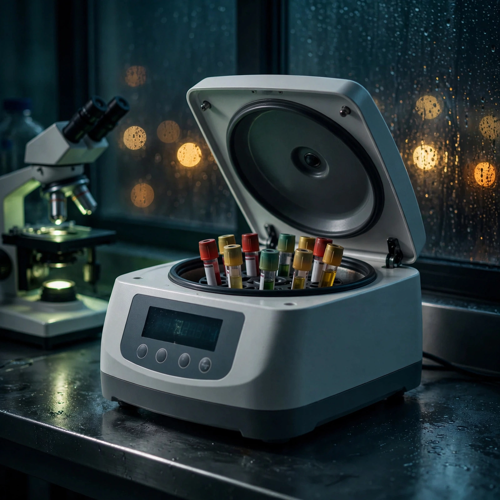 An open laboratory centrifuge loaded with blood tubes, rain on the window behind it.