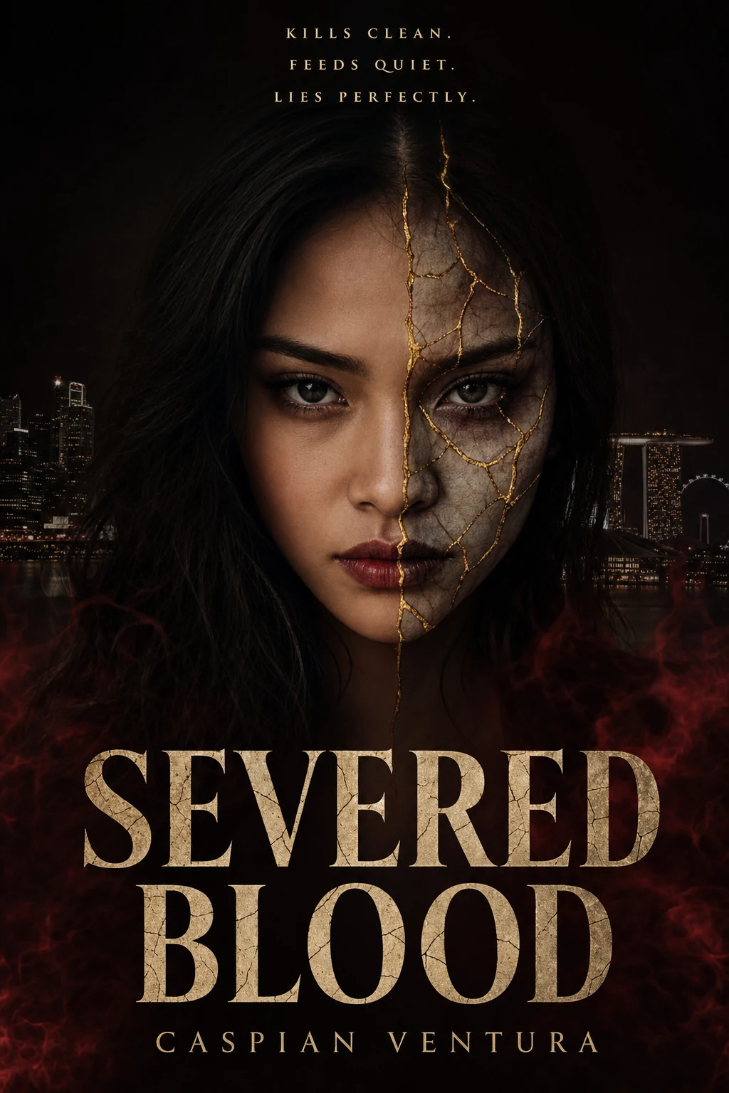 Cover of Severed Blood by Caspian Ventura: a woman's face split down the centre by gold seams, the Singapore skyline behind her.