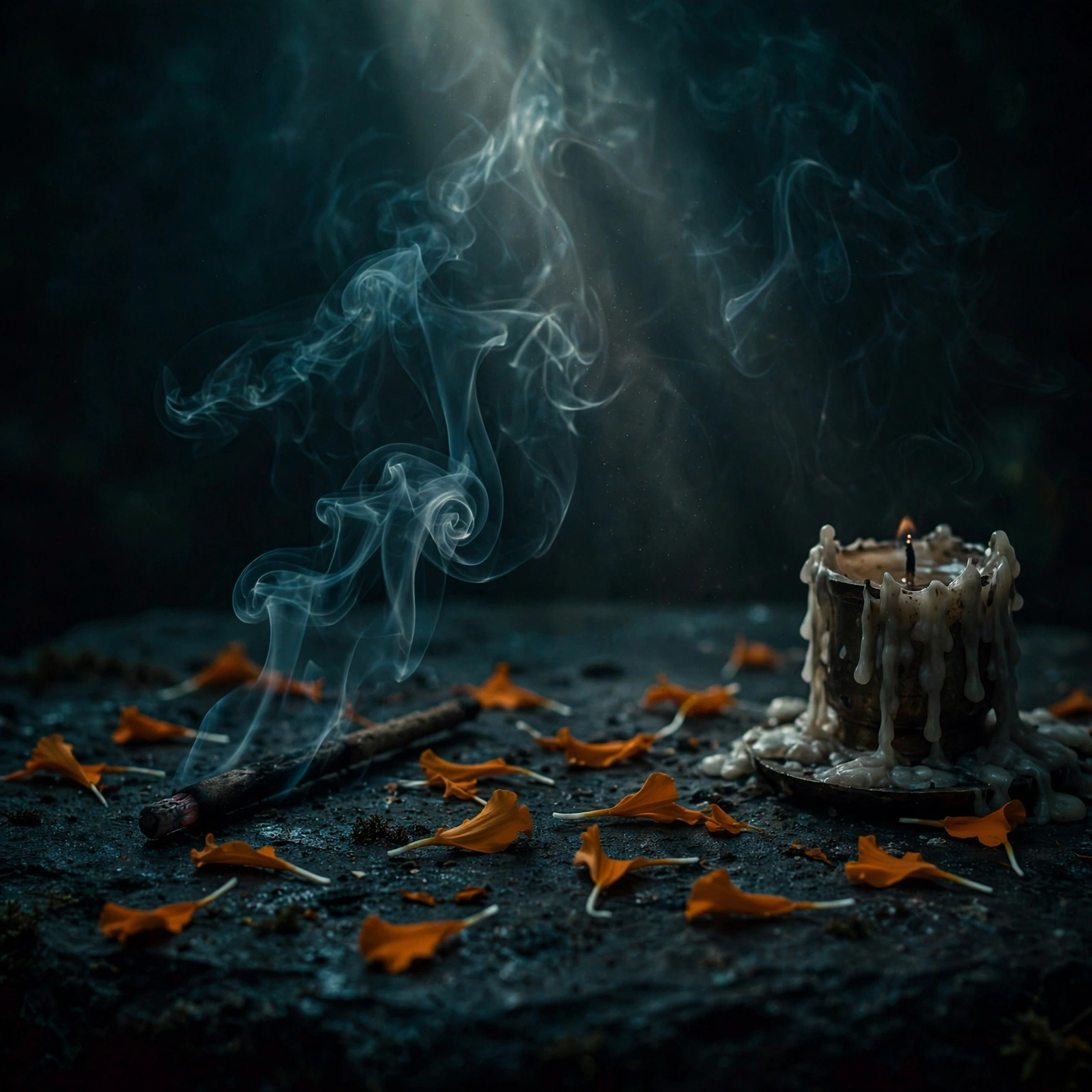 Scattered orange marigold petals, a guttering candle, and a stick of incense still smoking.