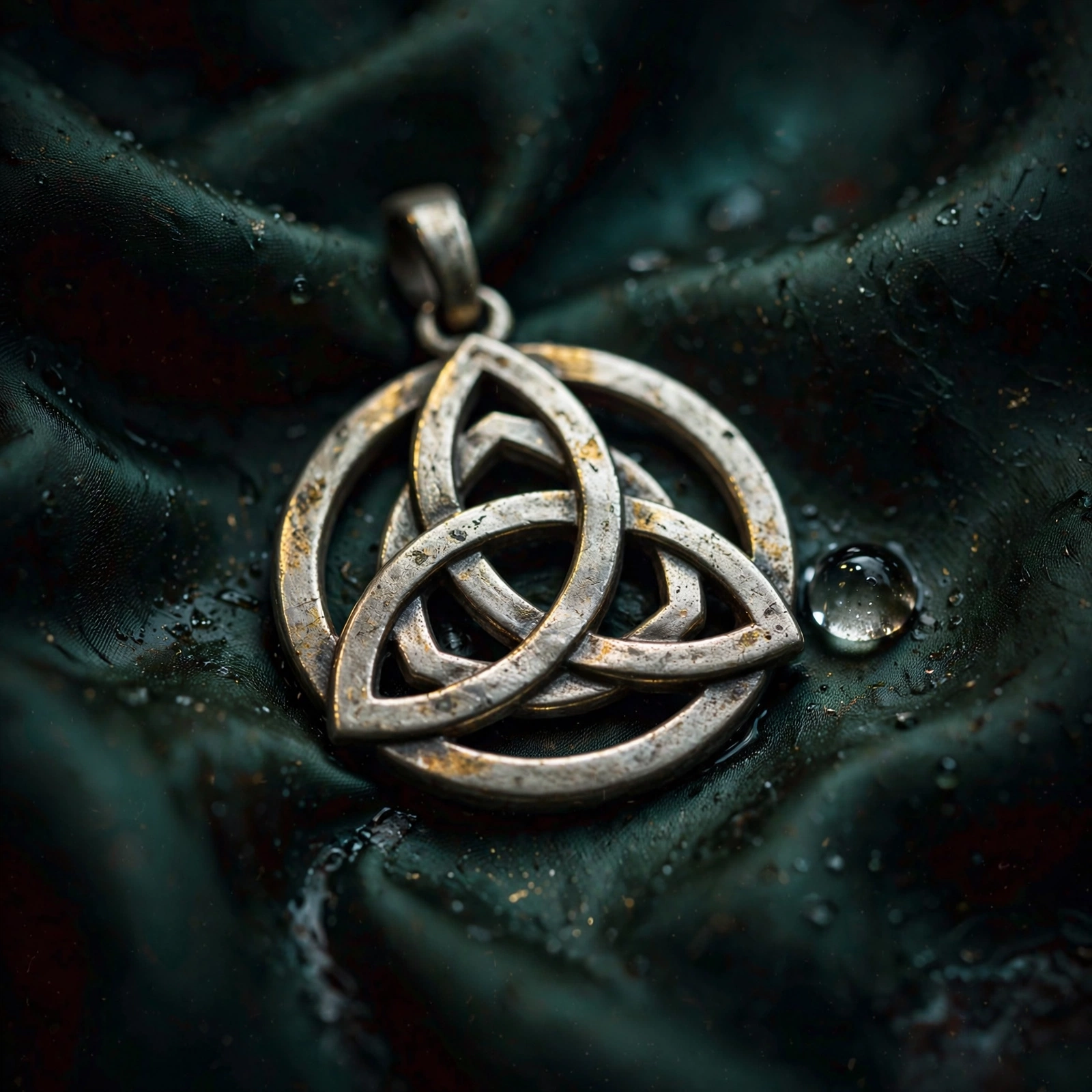A tarnished silver triquetra pendant resting on dark green silk, beaded with water.