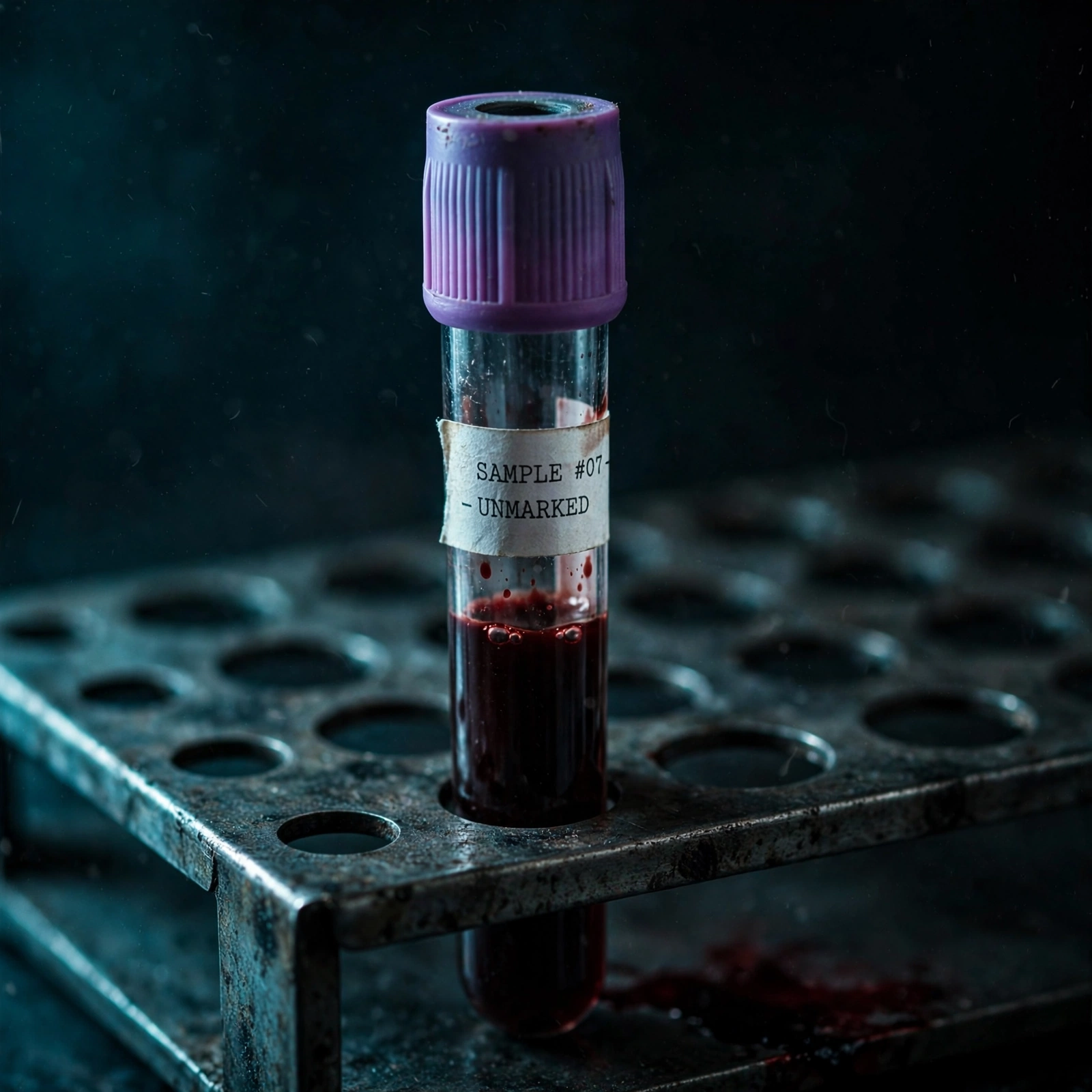 A single labelled blood collection tube standing alone in an otherwise empty steel rack.
